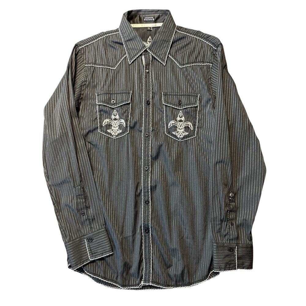 Strength Refined Y2K Mens L Black Pinstripe Western Shirt Fleur De Lis